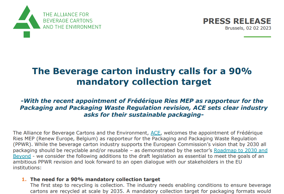 PRESS RELEASE: THE BEVERAGE CARTON INDUSTRY CALLS FOR A 90% MANDATORY COLLECTION TARGET